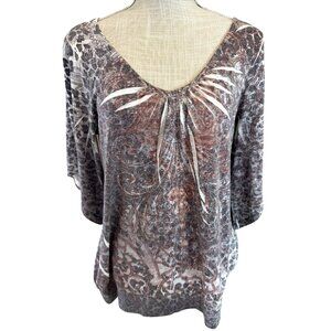 One World Live And Let Live Top V-Neck Leopard & Paisley Print 3/4 Sleeve L